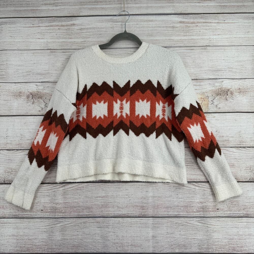 Francesca's Southwest Crewneck Cropped Sweater Womens Medium White‎ Brown NEW